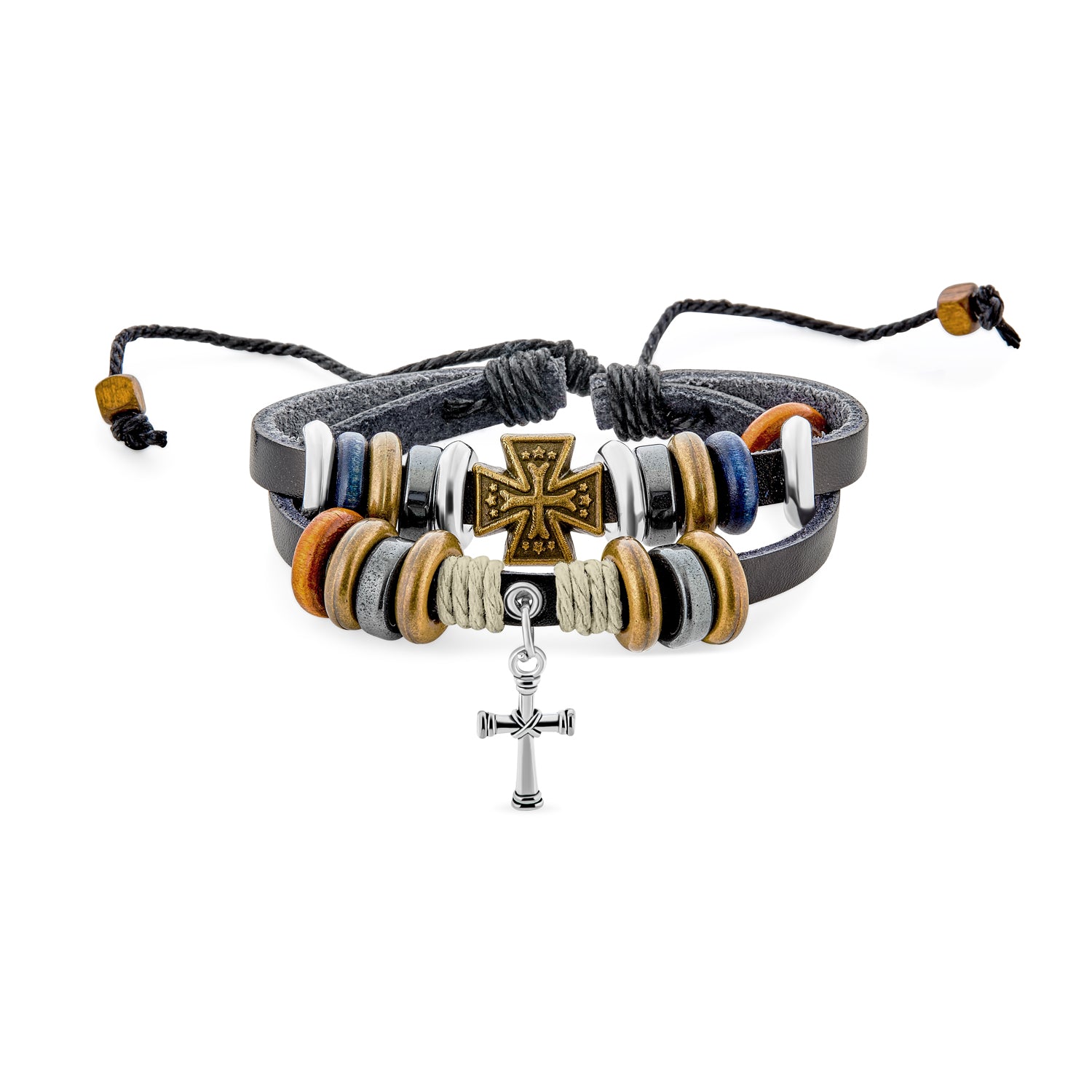 cross-leather-bracelet-men-cuff-cb-bj0624-az_1 Retro Boho Leather Wrap Bracelet with Wood Beads & Maltese Cross Charm for Men - Image 1
