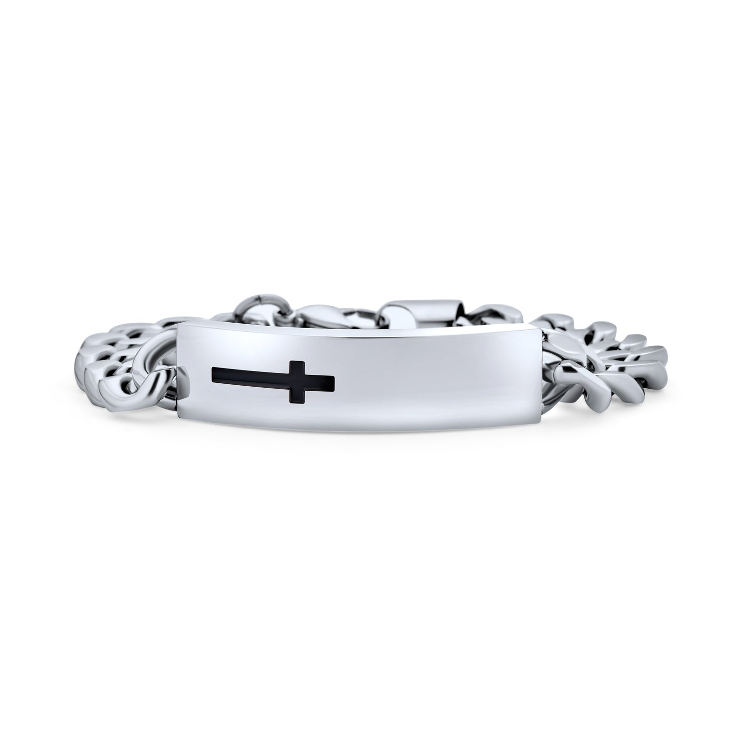 cross-men-link-silver-bracelet-chx-c35_1 Men's Silver Tone Stainless Steel Cross ID Bracelet with Curb Chain - Image 1
