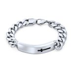 Men's Silver Tone Stainless Steel Cross ID Bracelet with Curb Chain - Image 2