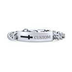 Men's Silver Tone Stainless Steel Cross ID Bracelet with Curb Chain - Image 3