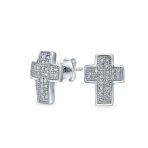 Religious Cross CZ Stud Earrings Micro Pave Cubic Zirconia Sterling Silver 11MM