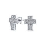 Religious Cross CZ Stud Earrings Micro Pave Cubic Zirconia Sterling Silver 11MM