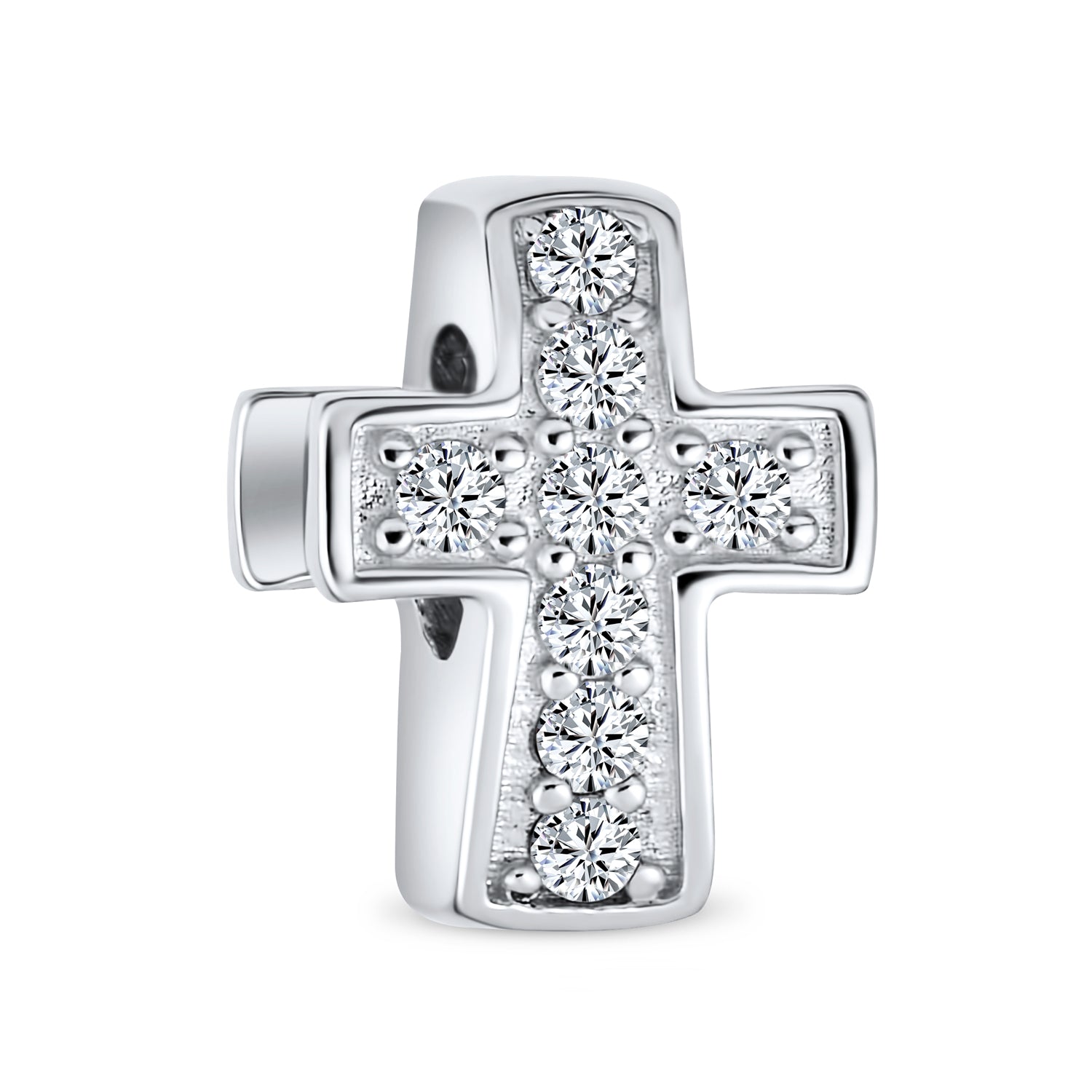cross-white-silver-cz-bead_pbx-brma-008 Simple Sparkling CZ Cross Charm Bead Communion & Weddings Sterling Silver Fit - Image 1