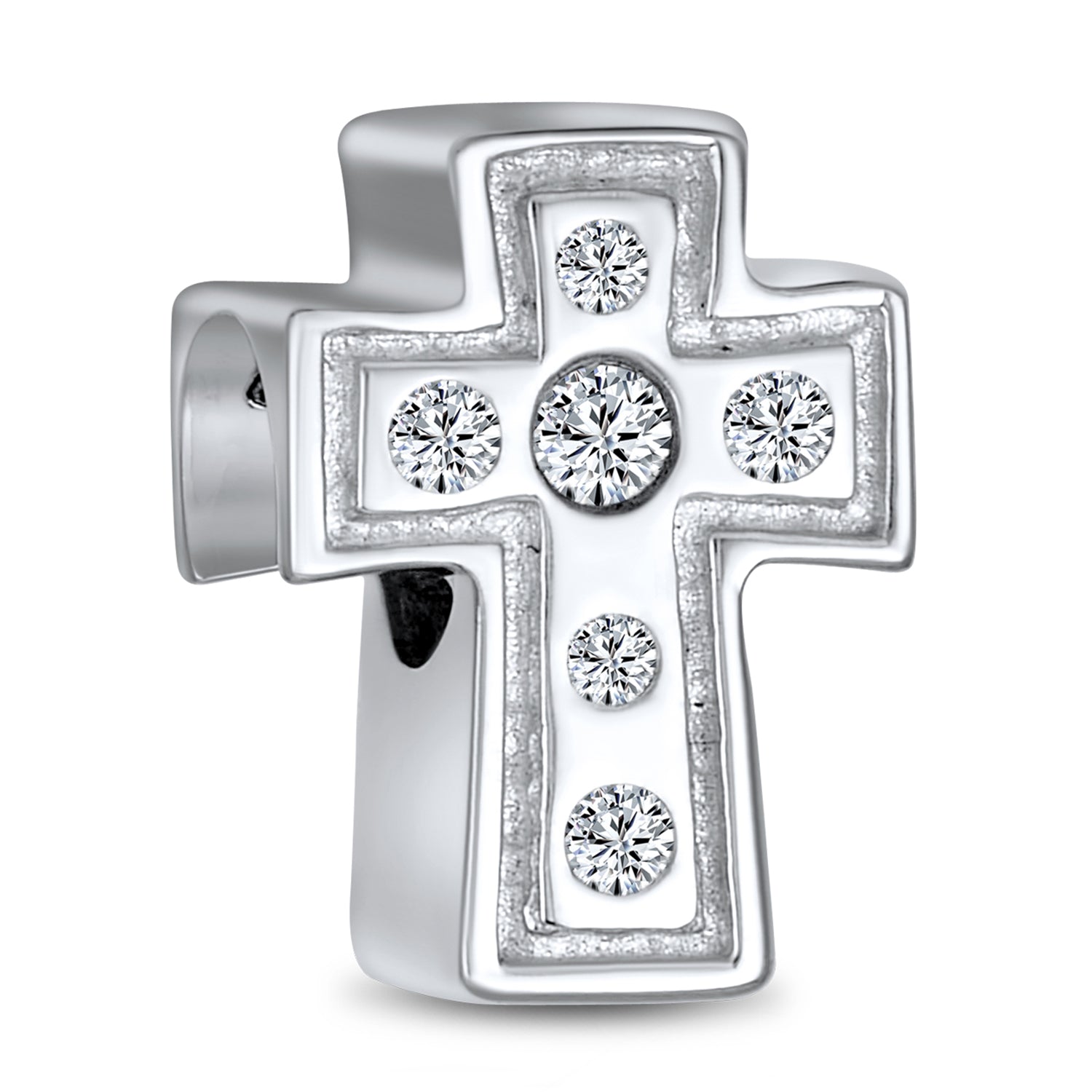 cross-white-silver-cz-bead_pbx-hsz-016-white-s Simple Sparkling CZ Cross Charm Bead Communion Weddings Sterling Silver Bracelet - Image 1