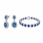 Bridal Blue CZ Oval Crown Halo Tennis Bracelet & Drop Earrings Set Silver Plated