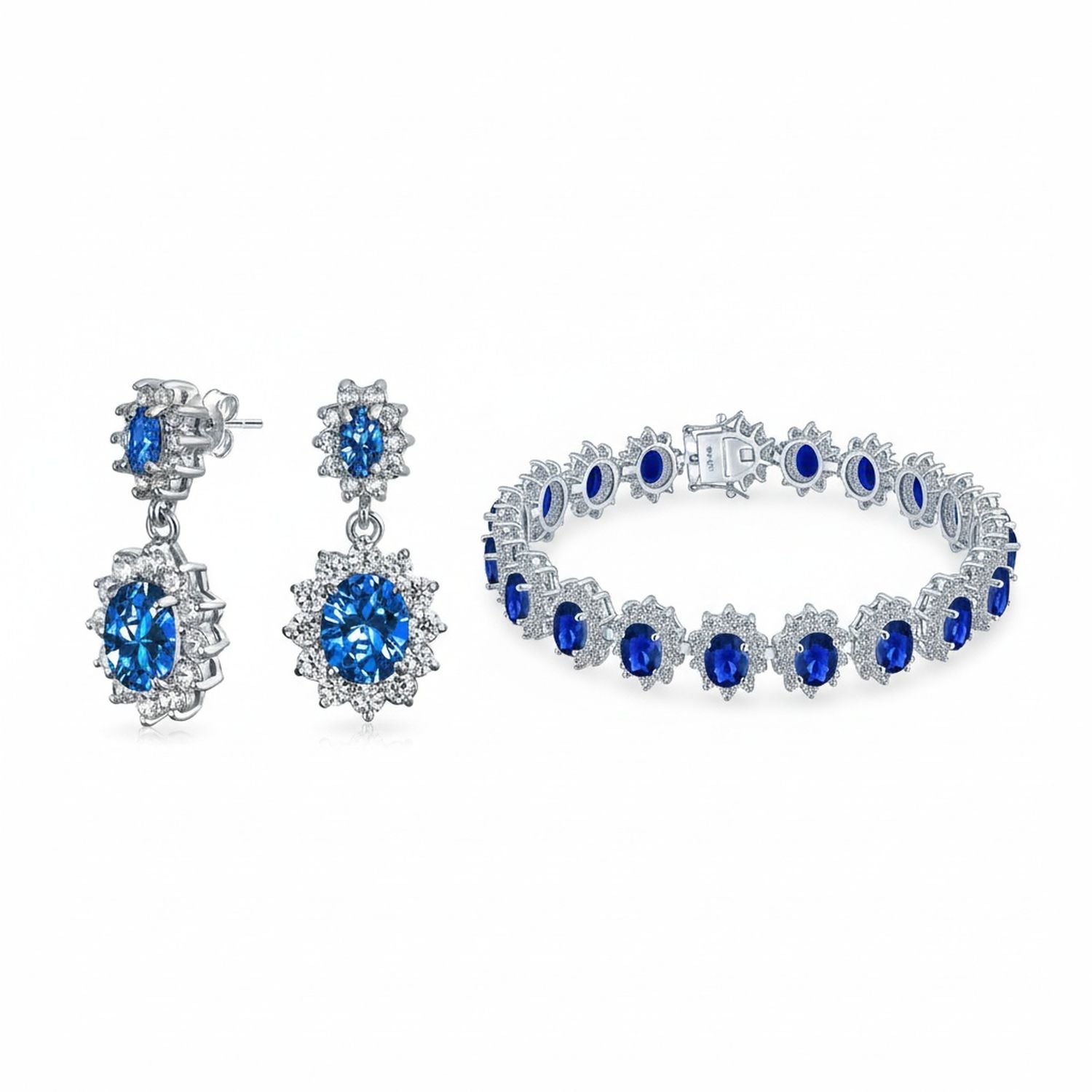 crown-bracelet-blue-tennis-drop-earring-silver_my-bmn200154-set-az Bridal Blue CZ Oval Crown Halo Tennis Bracelet & Drop Earrings Set Silver Plated - Image 1
