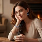 Bridal Blue CZ Oval Crown Halo Tennis Bracelet & Drop Earrings Set Silver Plated - Image 2