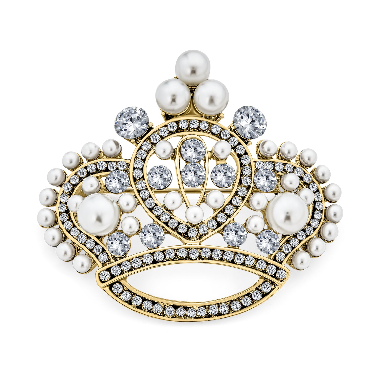crown-brooch-pin-pearl-gold-crystal_faj-dbh00019g-az_1 Vintage Bridal Crystal Leaf Flower Brooch Pin Simulated Pearl Silver Gold Tone - Image 1