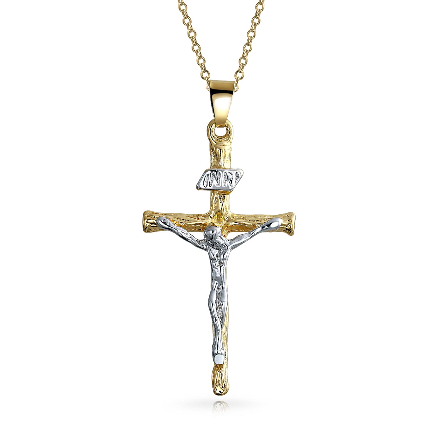 crucifix-two-tone-18k-pendant_sgs-p237-az Traditional Jesus Inri Crucifix Cross Pendant Necklace Two Tone 18K Gold Plated - Image 1