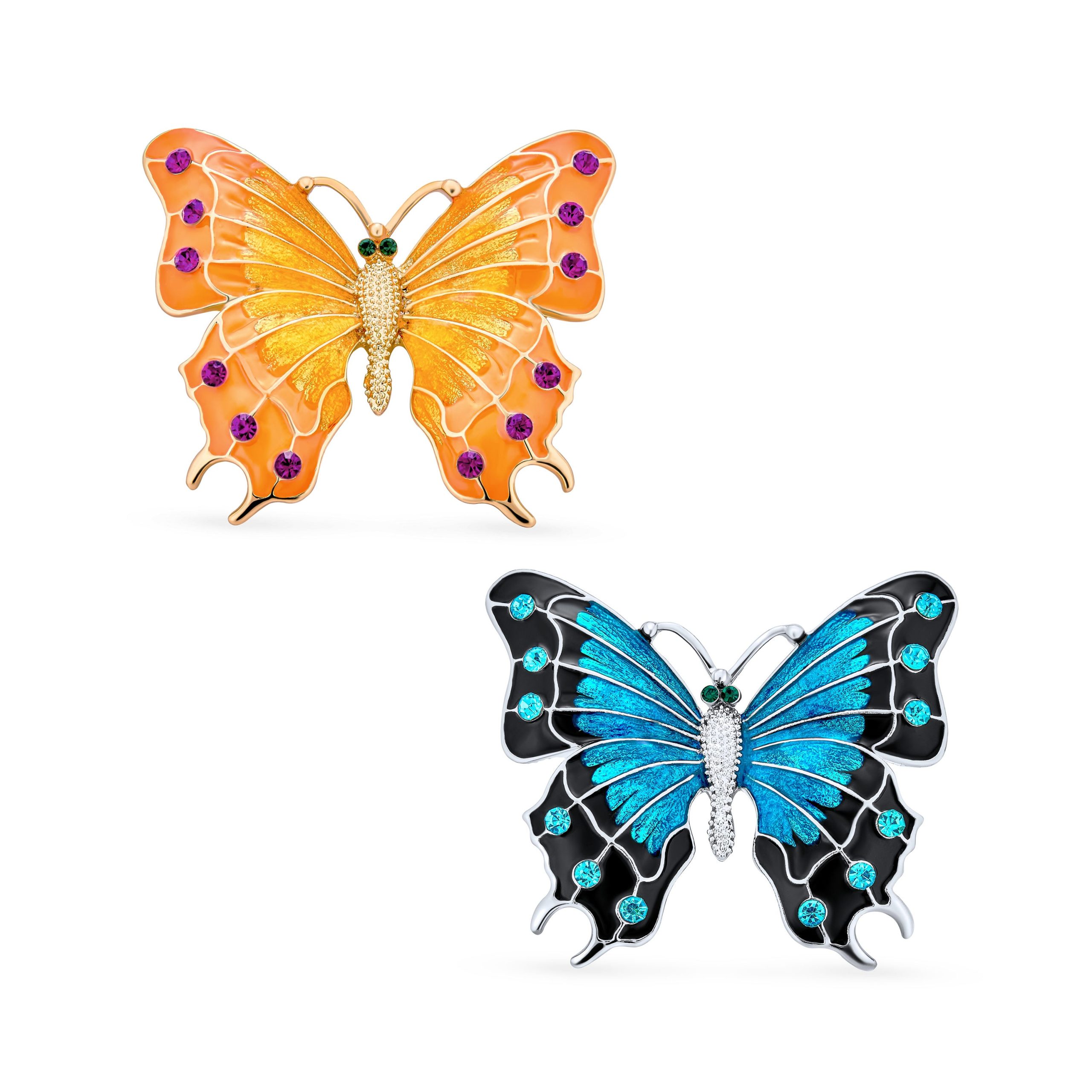 crystal-brooch-pin-winged-butterfly_faj-dbh00898or_new Set of 2 Yellow Blue Black Butterfly Brooch Pin Crystal Enamel Gold Plated - Image 1
