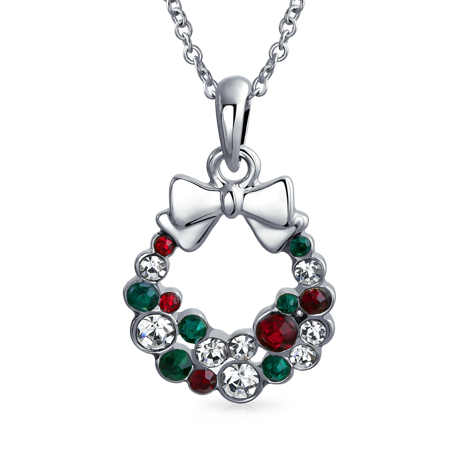 crystal-christmas-wreath-bow-necklace_jg-p50160r-v01-az_1 Christmas Jewelry Set Bow Red Green White Crystal Wreath Stud Earrings Pendant - Image 1