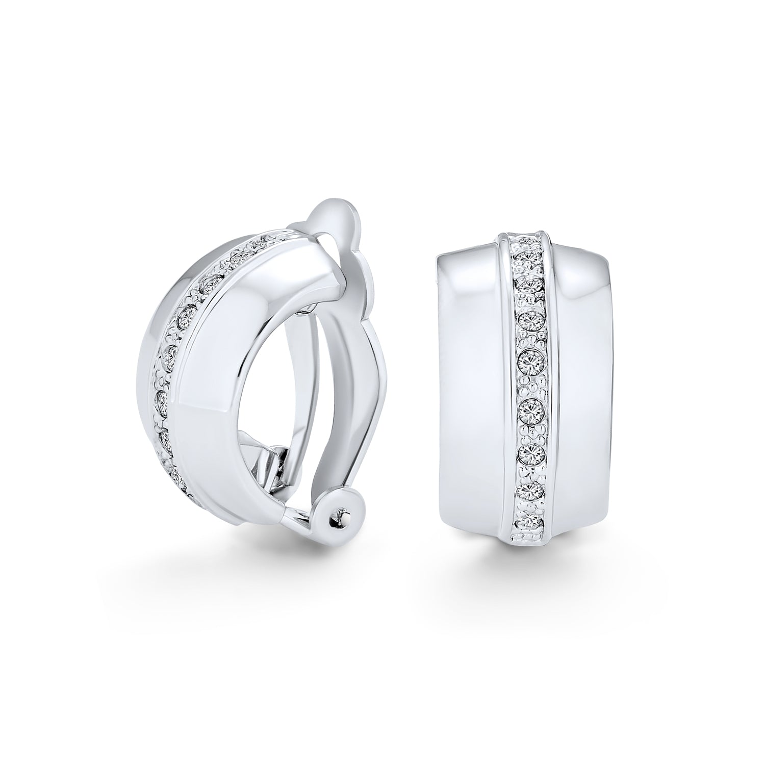 crystal-clipon-silver-earrings-half-hoop_ag-se0018si_1 Fashion 1 Row Crystal Wide Half Hoop Clip On Earrings Non Pierced Ears - Image 1