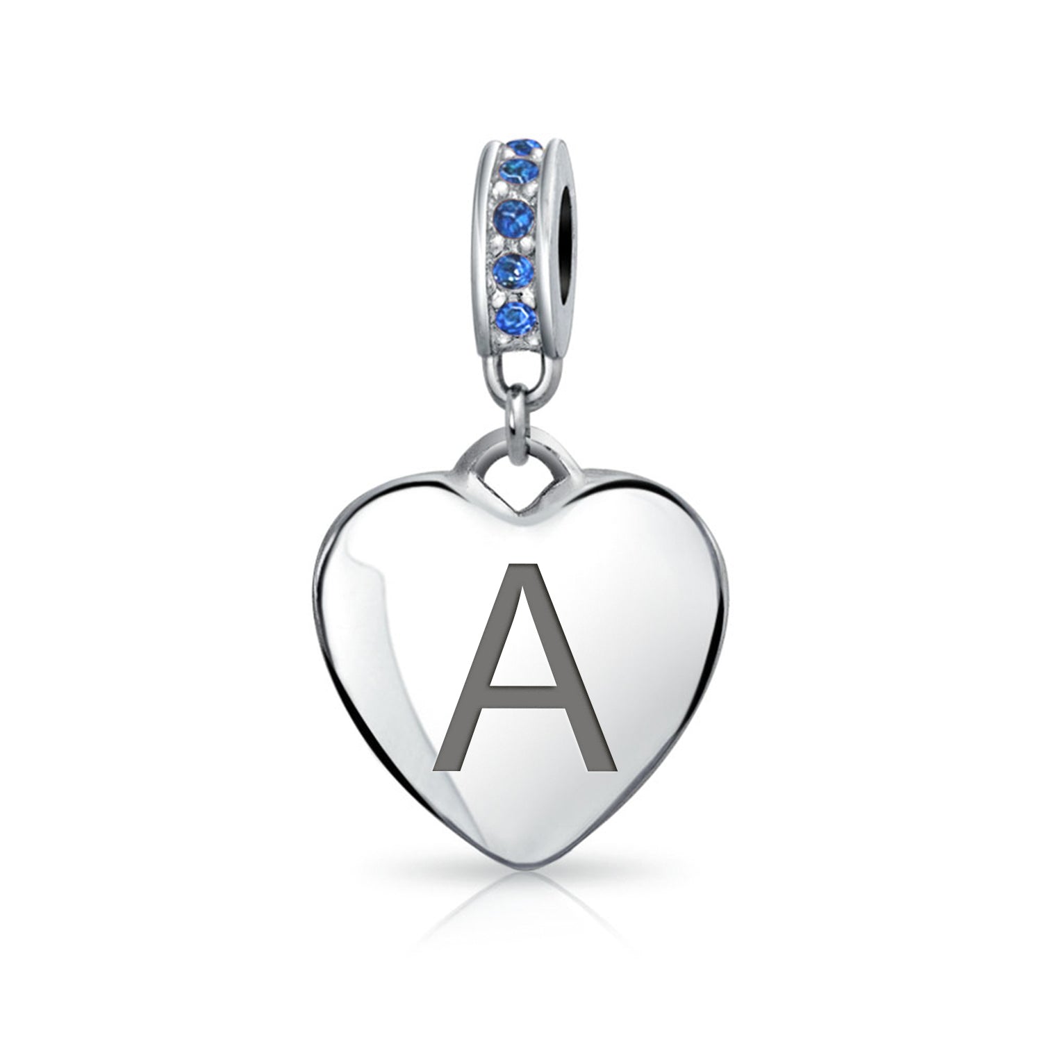 crystal-dangle-heart-charm-bead-silver-blue-pbx-hsd-314-sp-s-az_a A-Z Monogram Blue Crystal Initial Dangle Heart Charm Bead - Image 1
