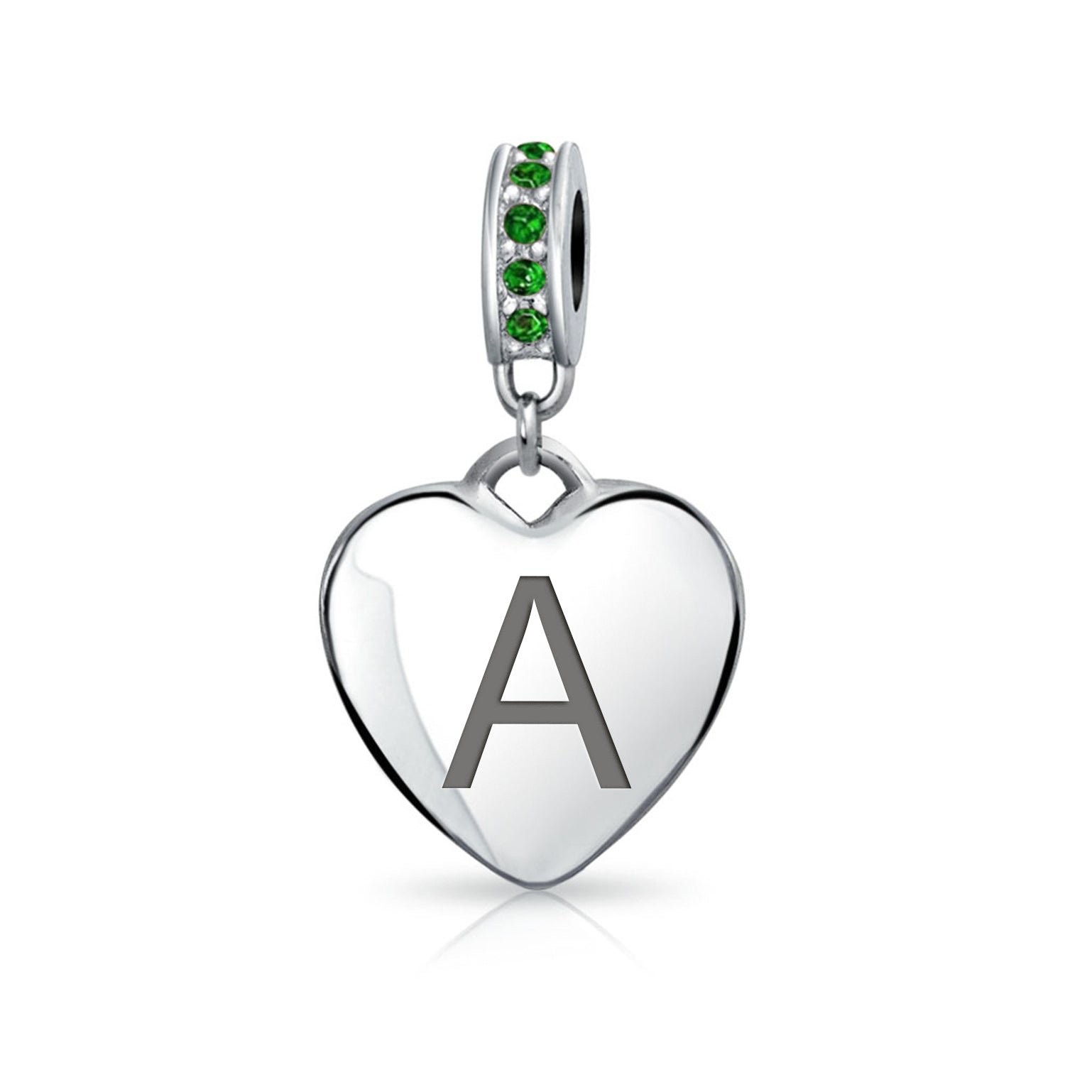 crystal-dangle-heart-charm-bead-silver-green-pbx-hsd-314-em-s-az_a A-Z Monogram Green Crystal Initial Heart Dangle Bead Charm - Image 1