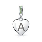 Initial Alphabet Bead Charm Light Green Crystal Heart Sterling Silver Bracelet