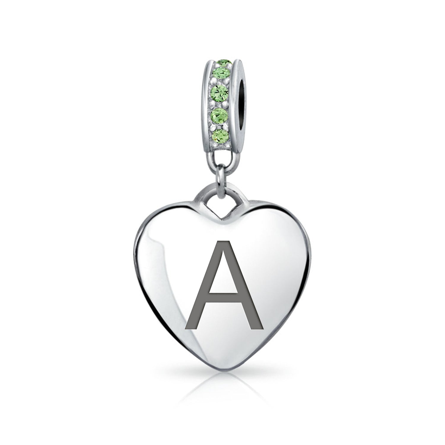 crystal-dangle-heart-charm-bead-silver-green-pbx-hsd-314-pr-s-az_a Initial Alphabet Bead Charm Light Green Crystal Heart Sterling Silver Bracelet - Image 1