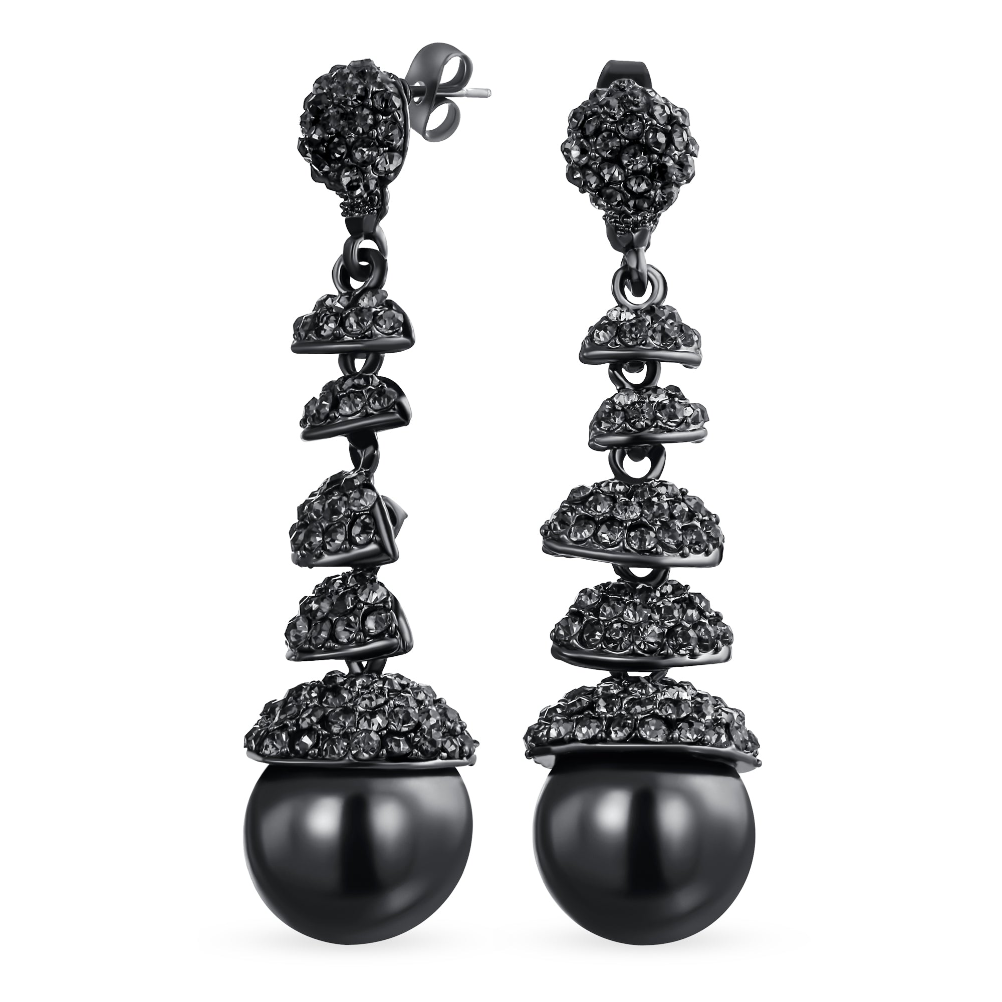 crystal-disc-black-pearl-chandelier-earrings-elj-er0059-az-01 Fashion Black Crystal Ball & Pearl Linear Dangling Long Chandelier Earrings - Image 1