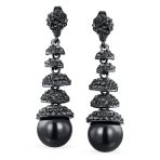 Fashion Black Crystal Ball & Pearl Linear Dangling Long Chandelier Earrings - Image 2