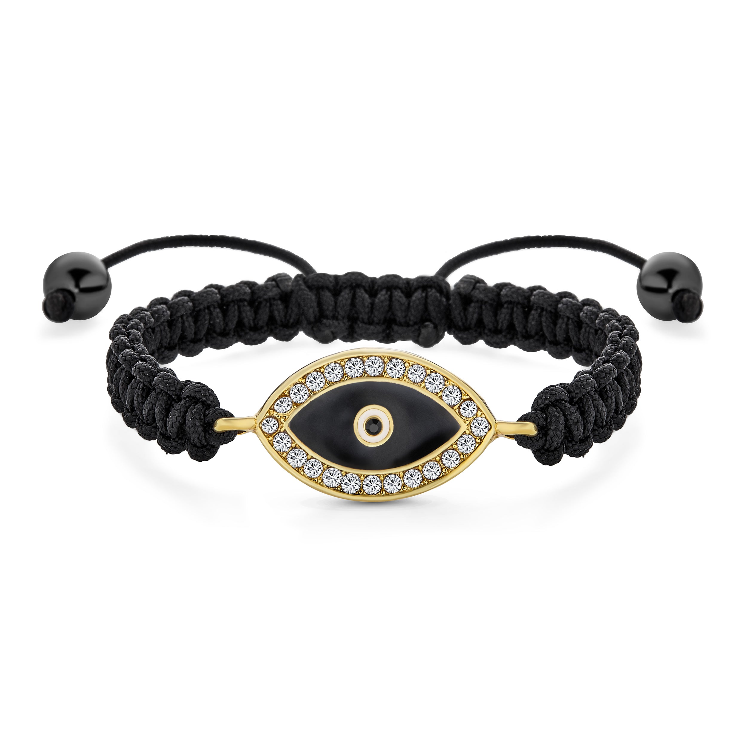 crystal-evil-eye-macrame-bracelet_cb-br-eye-az-1 Black Braided Cord Evil Eye Bolo Bracelet Adjustable Gold Plated Crystal Accent - Image 1