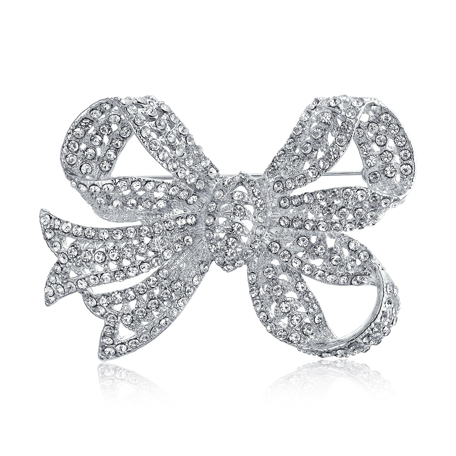 crystal-plated-ribbon-bow-pin_dsh-bt4865-az_11 Victorian Style Crystal Pave Filigree Ribbon Large Brooch Pin Silver Plated - Image 1