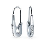 Safety Pin Threader Earrings Crystal Accent Silver Tone Surgical Steel