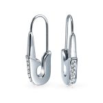 Safety Pin Threader Earrings Crystal Accent Silver Tone Surgical Steel