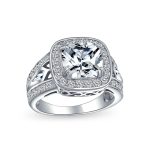 Art Deco Style 3CTW CZ Halo Cushion Cut Solitaire Engagement Ring .925 Sterling Silver Cubic Zirconia