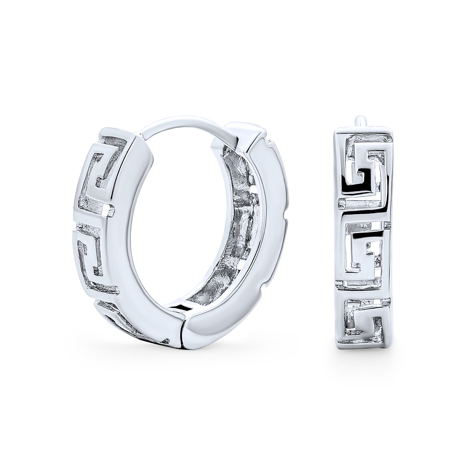 cut-out-sterling-silver-greek-key-huggies_mdr-208e-029-az_1 European Greek Key Two Tone Hoop Huggie Earrings Yellow Rose Gold Plated Silver - Image 1