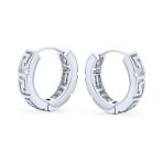 European Greek Key Two Tone Hoop Huggie Earrings Yellow Rose Gold Plated Silver - Image 3