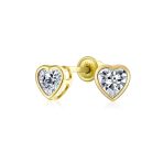 Romantic Love Tiny Mini Cubic Zirconia Aqua Blue CZ Heart Stud Earrings 14K Yellow Gold - Image 3
