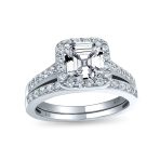 Art Deco Style 2CT Asscher Cut Square CZ Cubic Zirconia Halo Engagement Ring Band Set Sterling Silver