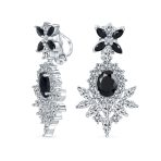 Cocktail Leaf Motif Cubic Zirconia Black White CZ Chandelier Clip-On Earrings - Image 5