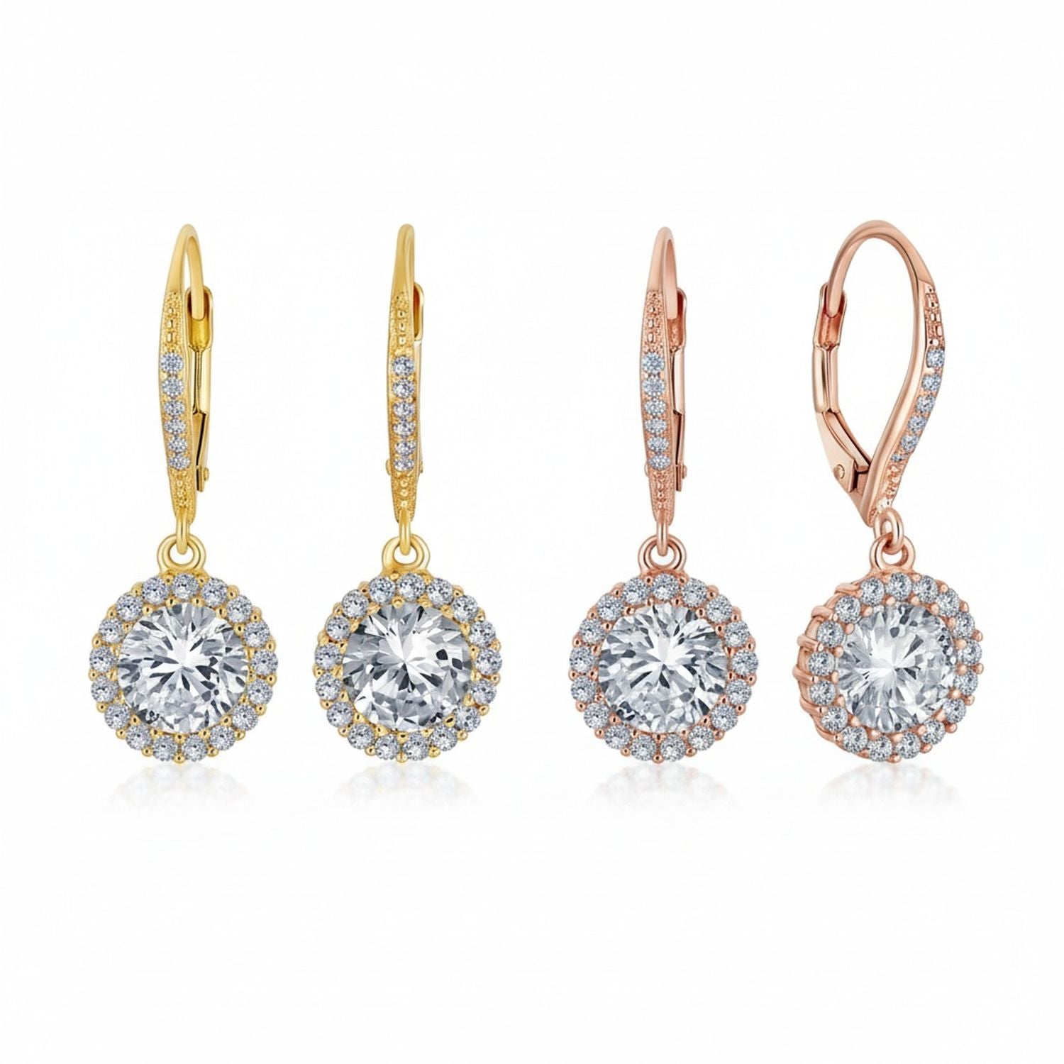 cz-dangle-rose-gold-flower-leverback-earrings_yc-yce550clrg-set-az Set of 2 3CT Halo Solitaire CZ Dangle Earrings Rose Gold & Gold Plated Silver - Image 1