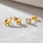 Set of 2 Tiny Lucky Elephant & Round CZ Stud Earrings 14K Yellow Gold Screw Back - Image 2