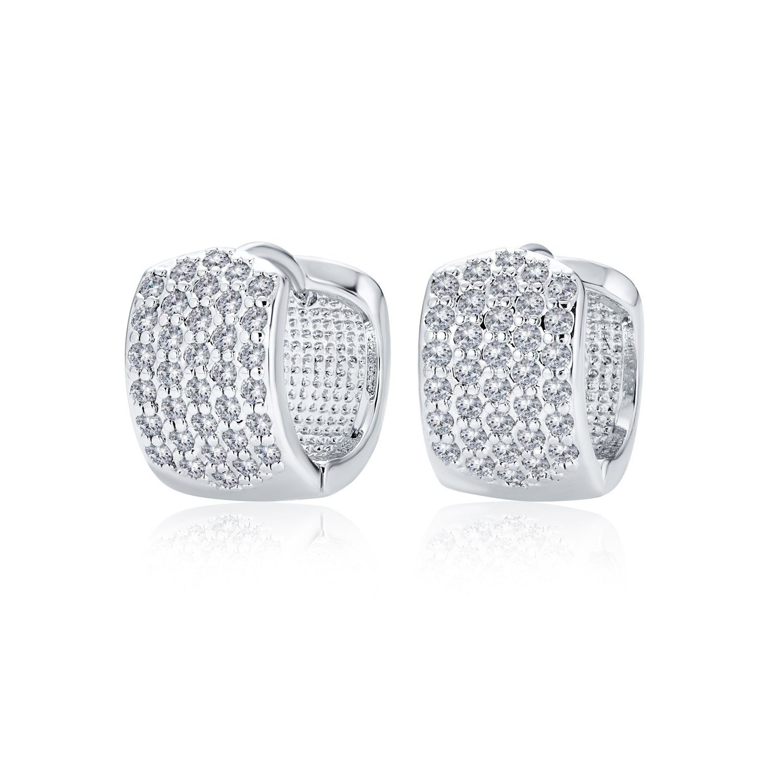cz-huggie-hoop-silver-earring-pave-lm-e1980 Classic Bridal CZ Hoop Earrings 4-Row Pave Silver Plated 0.5" Diameter - Image 1
