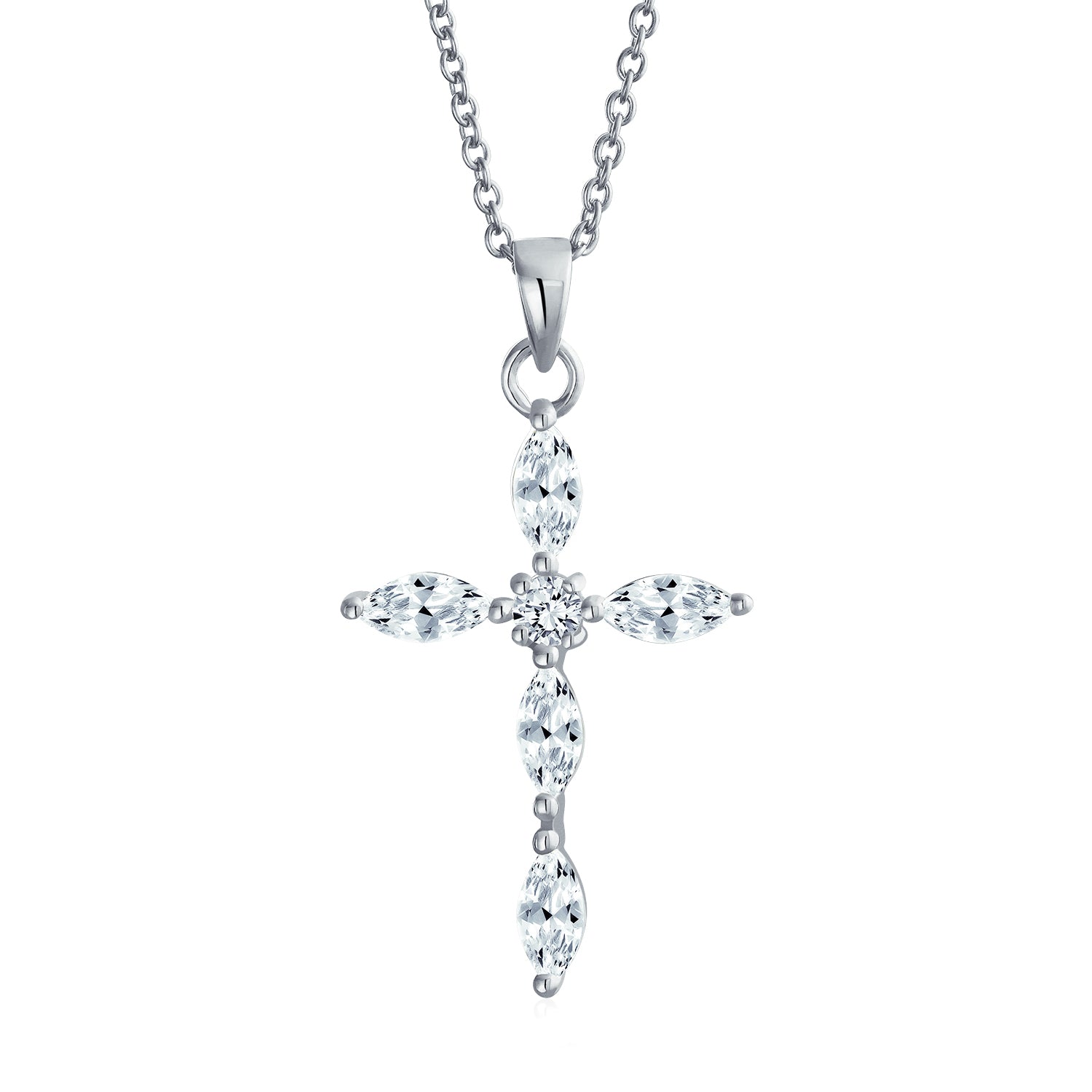 cz-marquise-silver-cross-pendant_byj-p1780-az_1 Bridal Necklace Marquise Cubic Zirconia Cross Pendant in Sterling Silver - Image 1