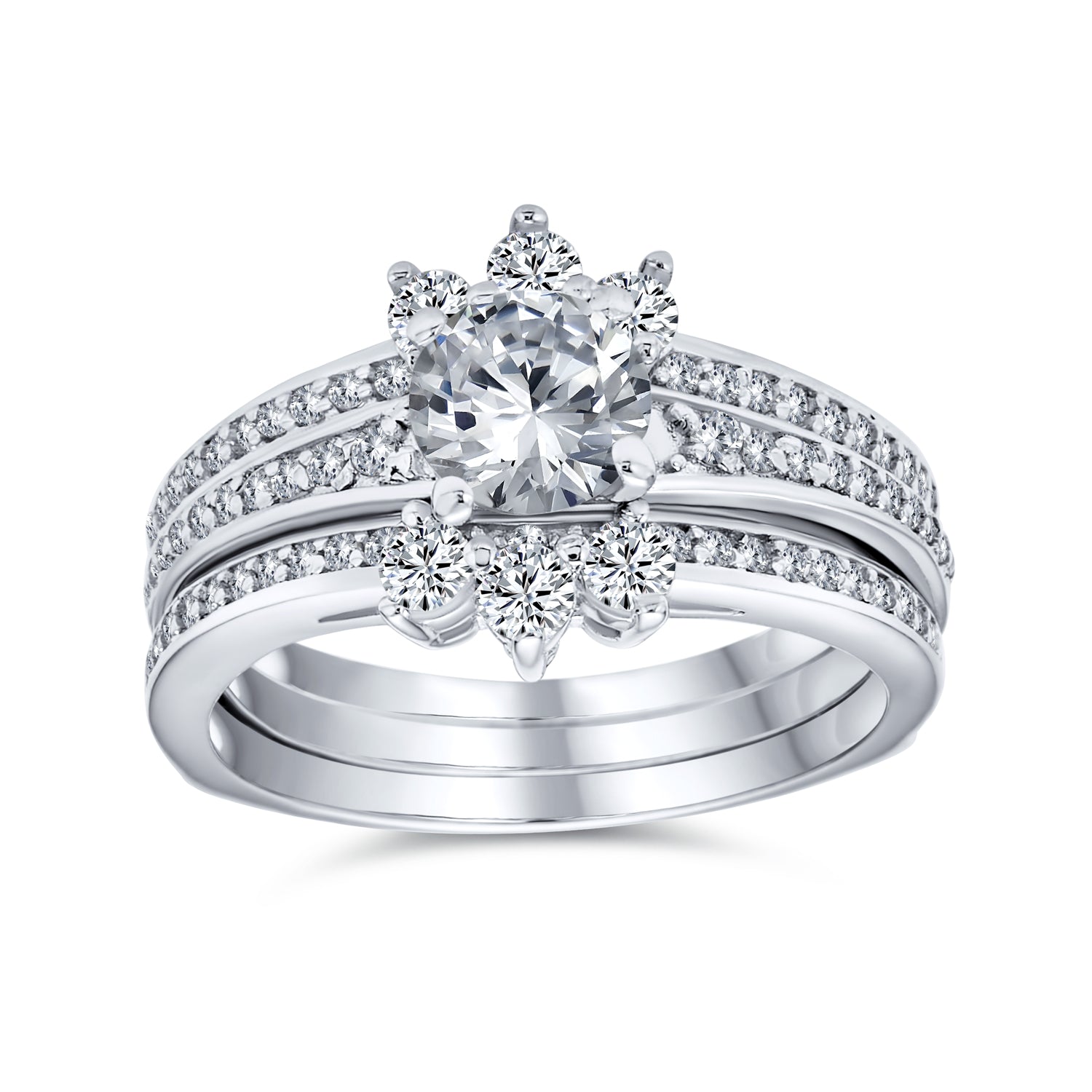 cz-ring-guard-solitaire-silver_mdr-3692r-030_1 Classic 1.5CT CZ Cocktail Statement Ring with Floral Halo and Pave Band in Silver - Image 1