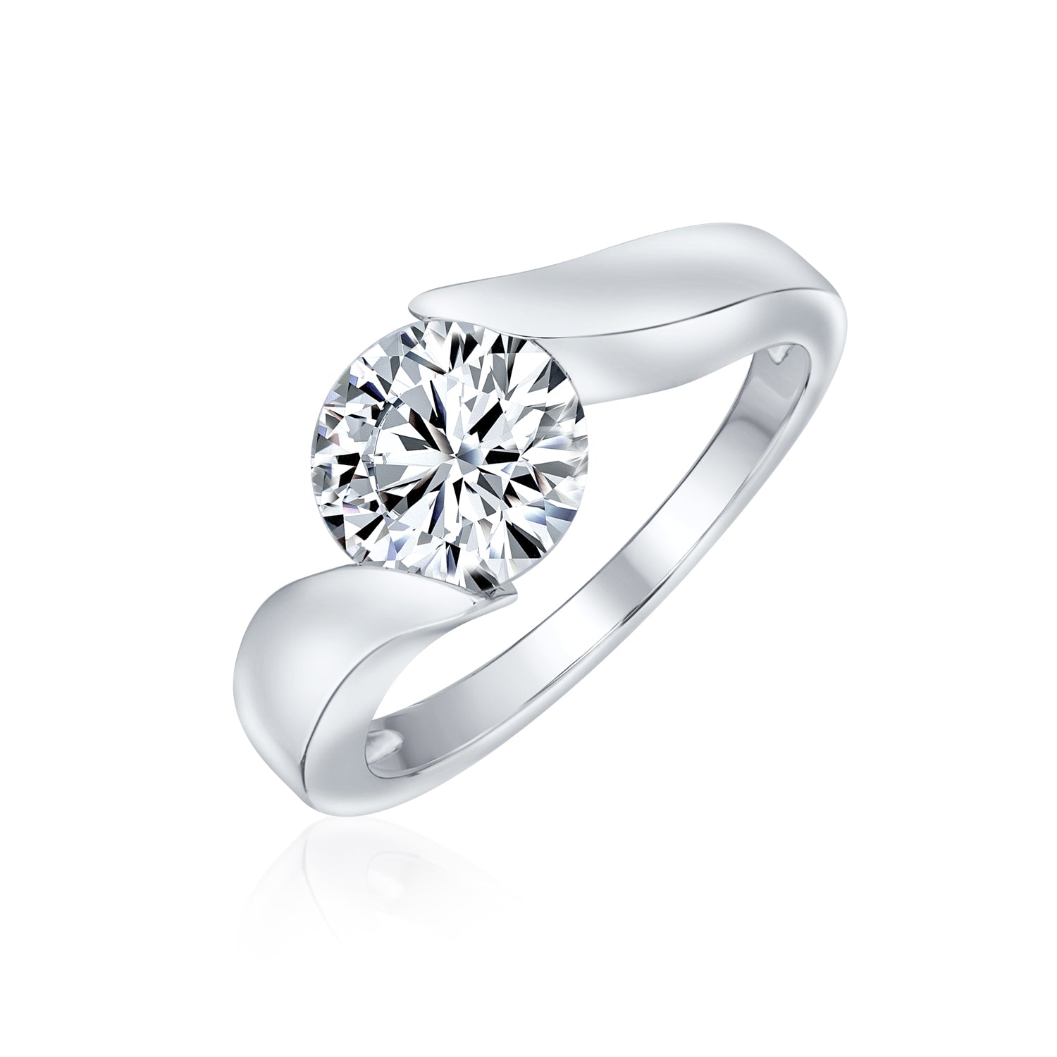 cz-round-solitaire-ring-silver-v-r71424_1 Modern 3CT Round CZ Tension Set Solitaire Engagement Ring with Plain Band in .925 Sterling Silver - Image 1