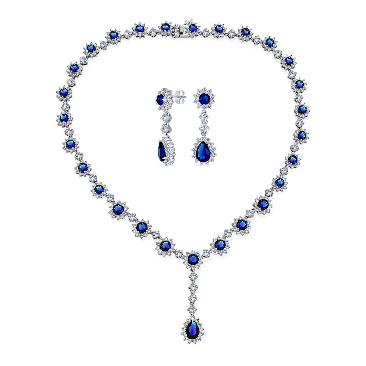 cz-sapphire-set-blue-bridal-necklace-earrings_oa-21ola2005sp-set-az_1 Vintage Estate Style Cubic Zirconia CZ Blue Sapphire Teardrop Statement Necklace Jewelry Set - Image 1