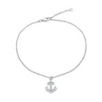 Nautical Anchor Anklet Ankle Bracelet with Cubic Zirconia Charm Sterling Silver