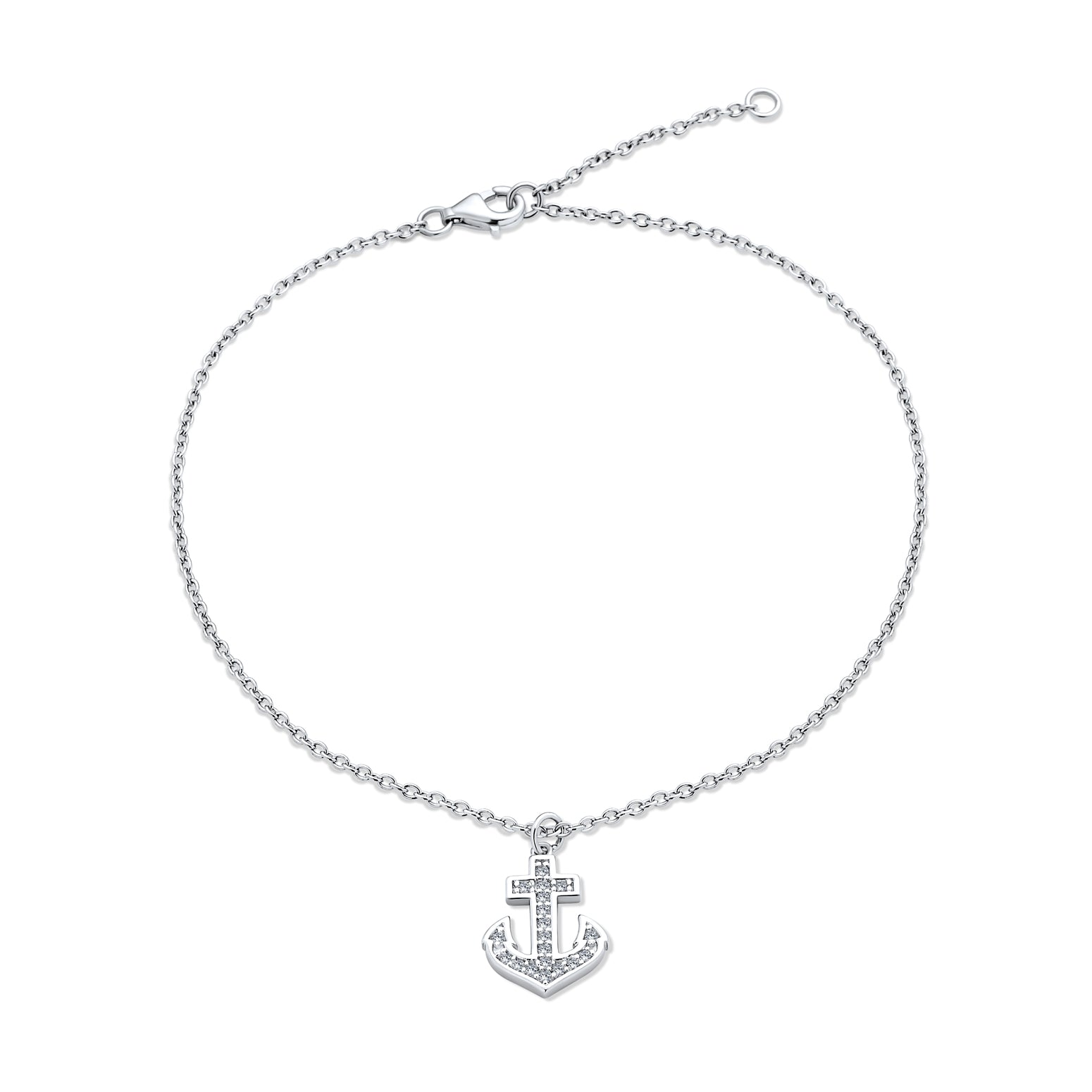 cz-silver-anchor-charm-anklet_st-ank33_1 Nautical Anchor Anklet Ankle Bracelet with Cubic Zirconia Charm Sterling Silver - Image 1