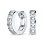 Aquamarine Blue Cubic Zirconia Baguette Cut CZ Huggie Mini Hoop Earrings .925 Sterling Silver