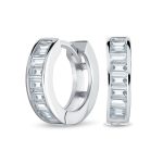 Aquamarine Blue Cubic Zirconia Baguette Cut CZ Huggie Mini Hoop Earrings .925 Sterling Silver