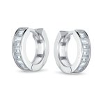 Aquamarine Blue Cubic Zirconia Baguette Cut CZ Huggie Mini Hoop Earrings .925 Sterling Silver - Image 5