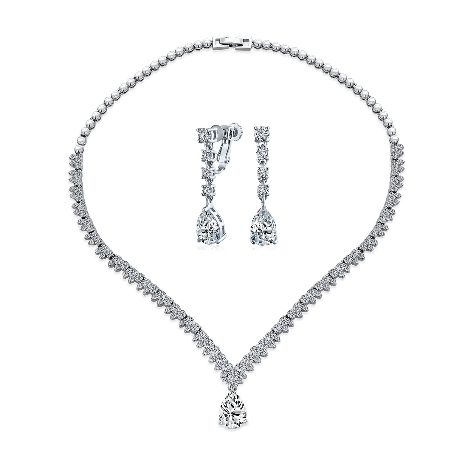 cz-silver-necklace-set_oa-71ola1328-set-az_1123 Leaf Teardrop CZ Choker Necklace Earrings Bridal Jewelry Set - Image 1