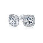 Asscher Cut CZ Stud Earrings with Halo Pave in Silver Brass