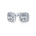 Asscher Cut CZ Stud Earrings with Halo Pave in Silver Brass