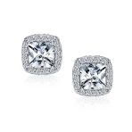Asscher Cut CZ Stud Earrings with Halo Pave in Silver Brass - Image 2