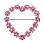 Romantic Large Statement Pink Crystal Flower Heart Brooch Scarf Pin Silver Plated