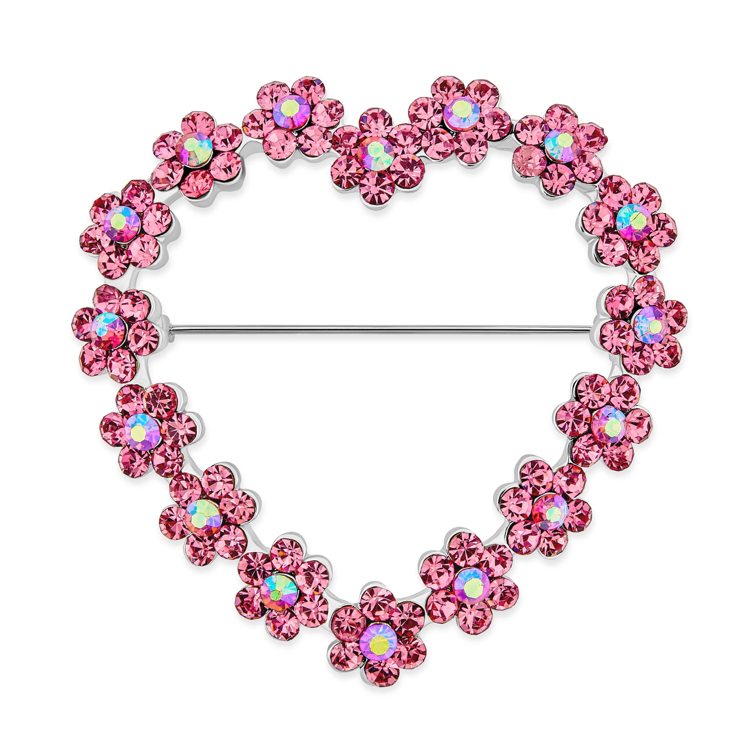 cz-spring-heart-flower-wreath-pin-pink_faj-bh7098 Romantic Large Statement Pink Crystal Flower Heart Brooch Scarf Pin Silver Plated - Image 1